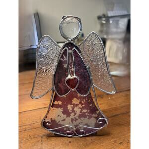 Vintage Stained Glass Angel Tealight Candle Holder 8 inches tall.